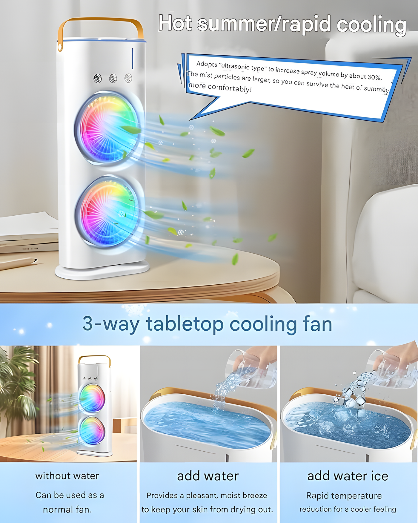 4000mAh Double Ended Spray Fan, Cold Air Fan, 2025 New 3 Gears USB Rechargeable Oscillating fan with LED Light Cooler Fan, Touch & Remote Control, 280ml Water Tank, Ice Filling Fan