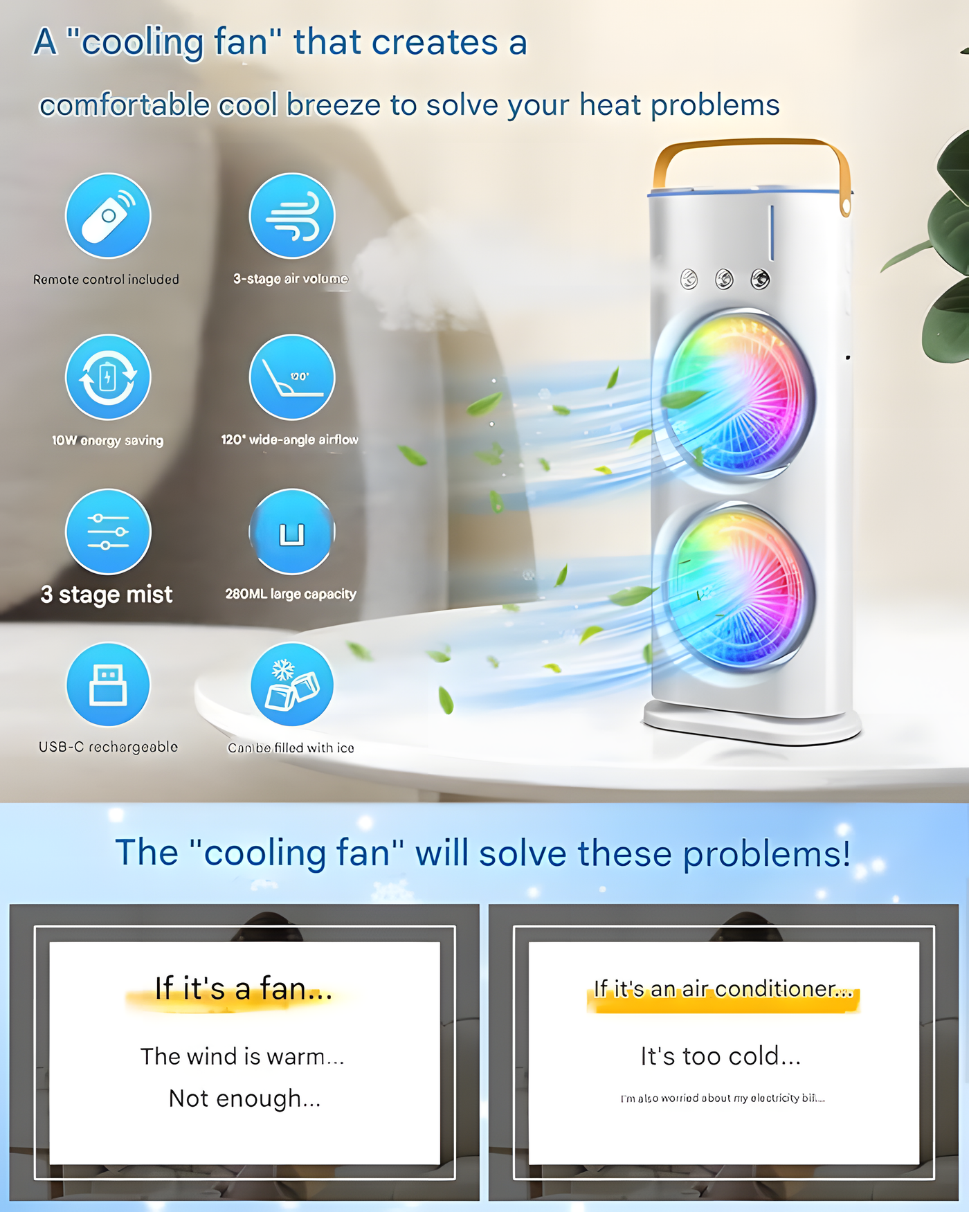 4000mAh Double Ended Spray Fan, Cold Air Fan, 2025 New 3 Gears USB Rechargeable Oscillating fan with LED Light Cooler Fan, Touch & Remote Control, 280ml Water Tank, Ice Filling Fan