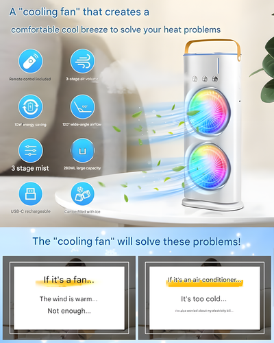 4000mAh Double Ended Spray Fan, Cold Air Fan, 2025 New 3 Gears USB Rechargeable Oscillating fan with LED Light Cooler Fan, Touch & Remote Control, 280ml Water Tank, Ice Filling Fan