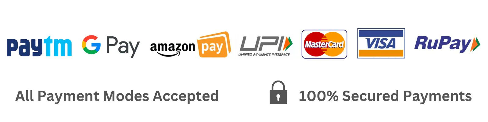 All Payment Modes Accepted - 100% Secured Payments with Paytm, Google Pay, Amazon Pay, UPI, MasterCard, Visa, RuPay